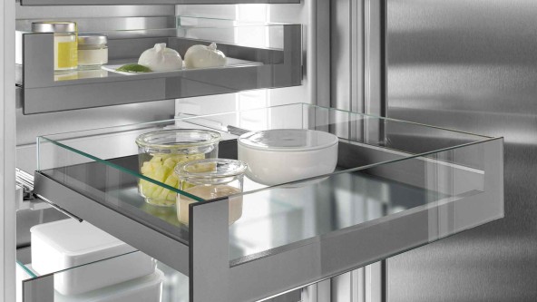 Liebherr OpenStage refrigerator and freezer pull-out drawer with perishables.